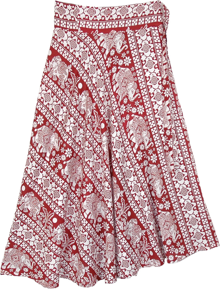 Red and White Elephant Wrap Around Skirt, Red and White Elephant Print Mid Length Wrap Skirt