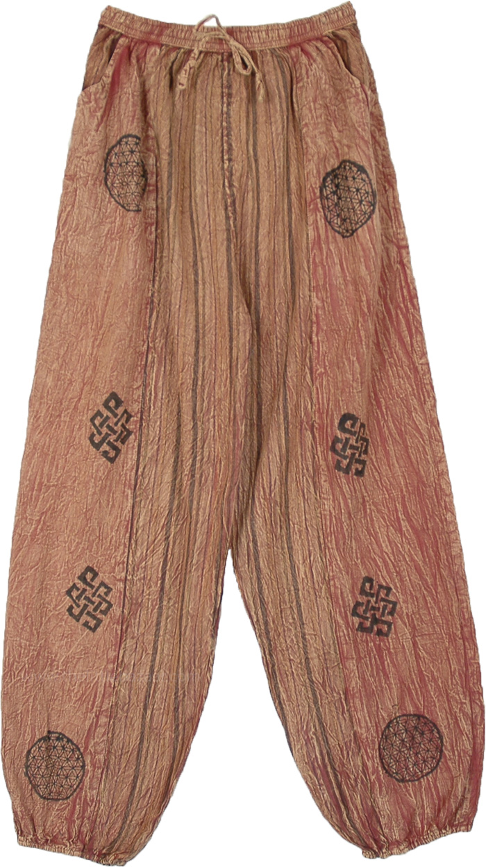 Airy Comfortable Beach Patchwork Pants with Pockets, Persimmon Stonewashed Harem Geometric Pattern Yoga Pants