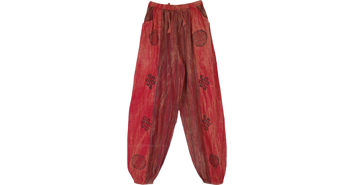 Stripes and Solid Crimson Harem Yoga Pants | Red | Split-Skirts-Pants ...