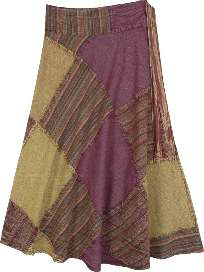 Amethyst and Olive Patchwork Wrap Skirt in Woven Cotton