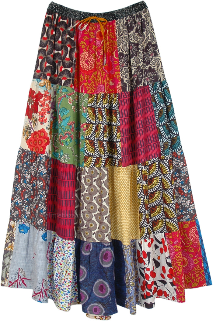 Patchwork Bohemian Cotton Long Skirt with Mixed Floral Patches Elastic Waist Hippie Maxi Summer Skirt Bohemian Chic Skirt Bohemian Skirt