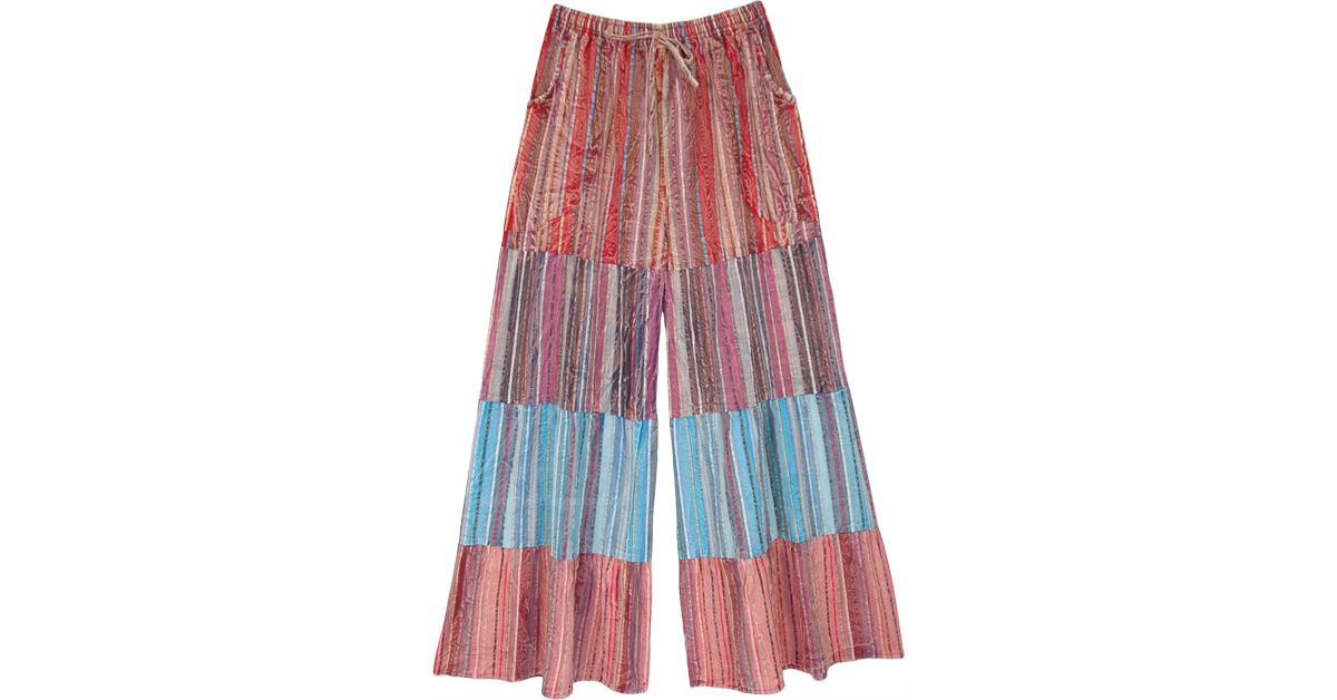 Fiery Red and Cool Blue Bohemian Multicolored Stripe Pants