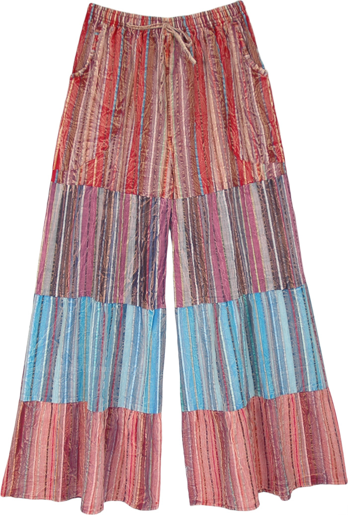 Fiery Red and Cool Blue Bohemian Multicolored Stripe Pants