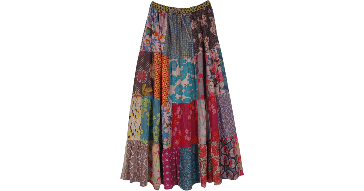 Earthen Garden Printed Patchwork Maxi Cotton Skirt
