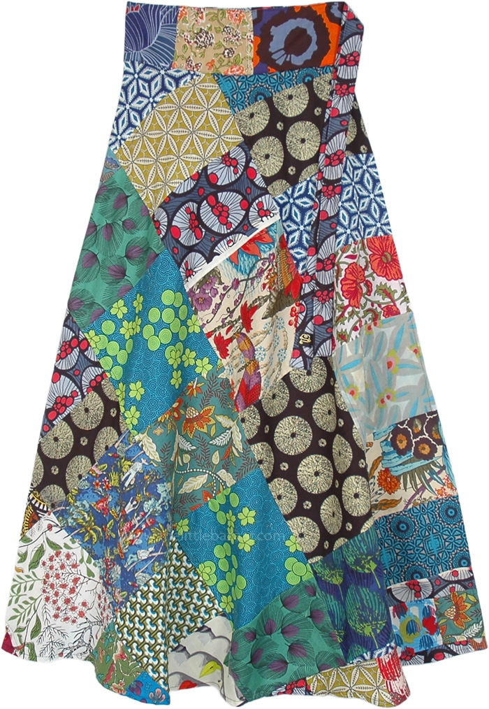 Floral Carnival Long Wrap Skirt with Multicolored Patchwork, Uptown Boho Chic Long Wrap Skirt with Mixed Patchwork