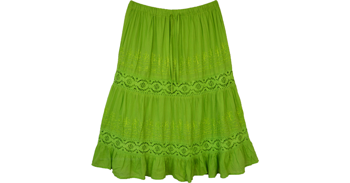 Parrot Green Flared Skirt with Lace Details | Green | Embroidered, Lace ...