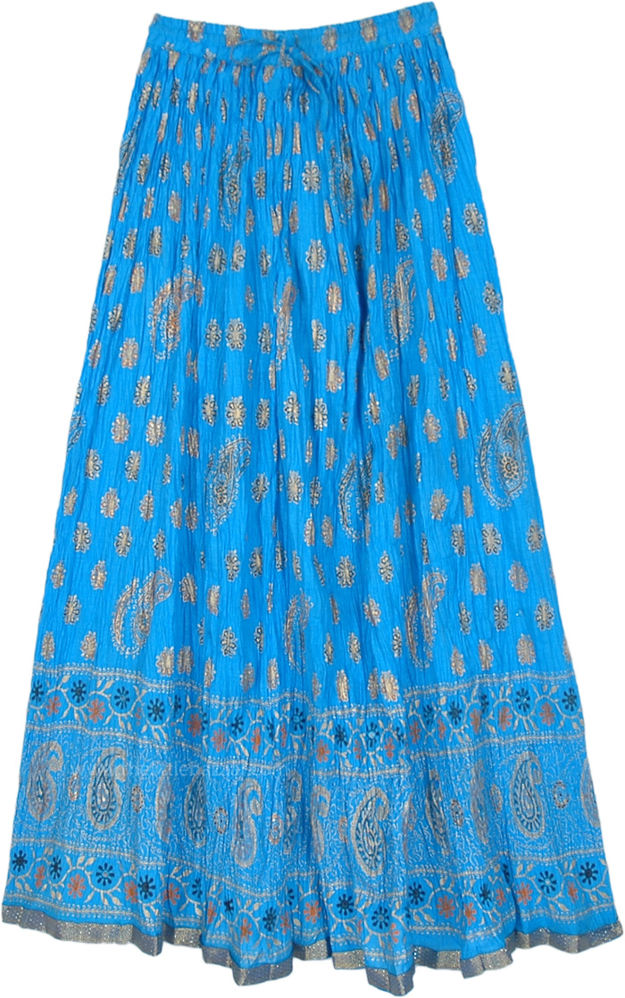 Vivid Cerulean Crinkled Cotton Summer Long Skirt