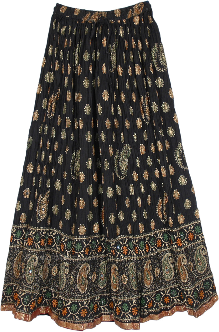 Black Crinkled Cotton Long Skirt with Paisley Print