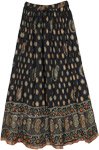 Black Crinkled Cotton Long Skirt with Paisley Print