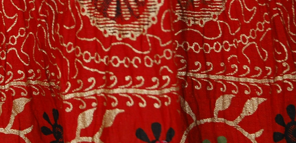 Red Crinkled Cotton Golden Paisley Print Long Skirt