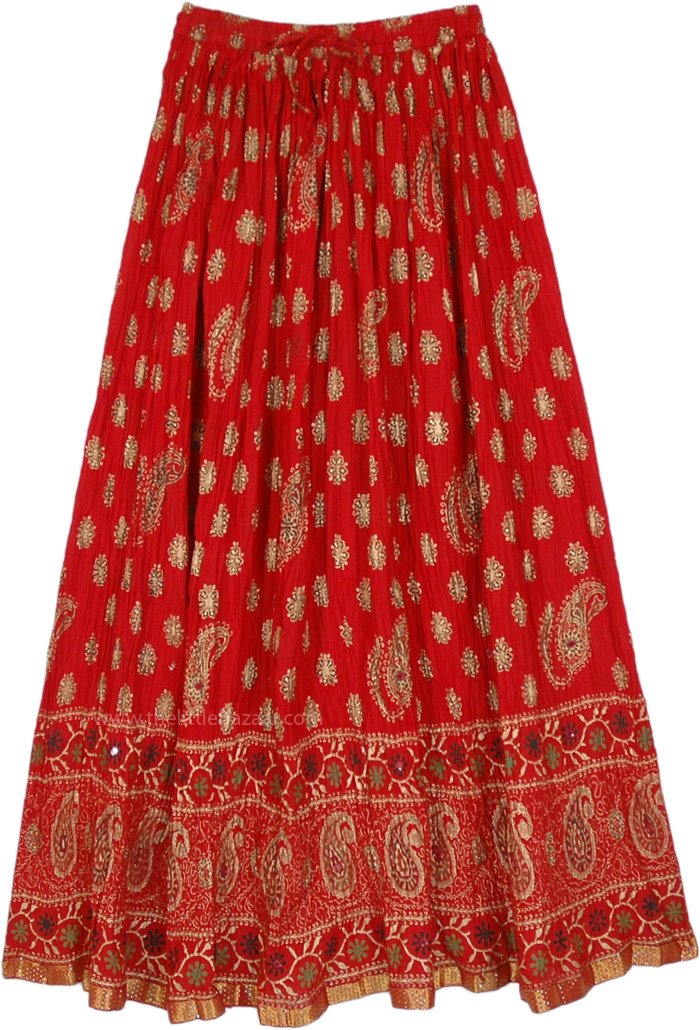 Red Crinkled Long Skirt With Paisley Pattern, Red Crinkled Cotton Golden Paisley Print Long Skirt