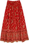 Red Crinkled Cotton Golden Paisley Print Long Skirt