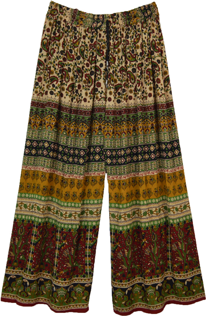 Beige Paisley Print Bohemian Palazzo Pants