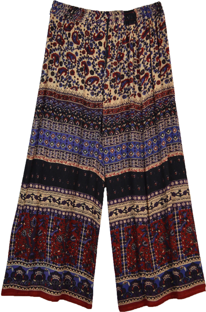 Red and Blue Pants with Paisley Print, Paisley Printed Wide Leg Street Wear Hippie Pants