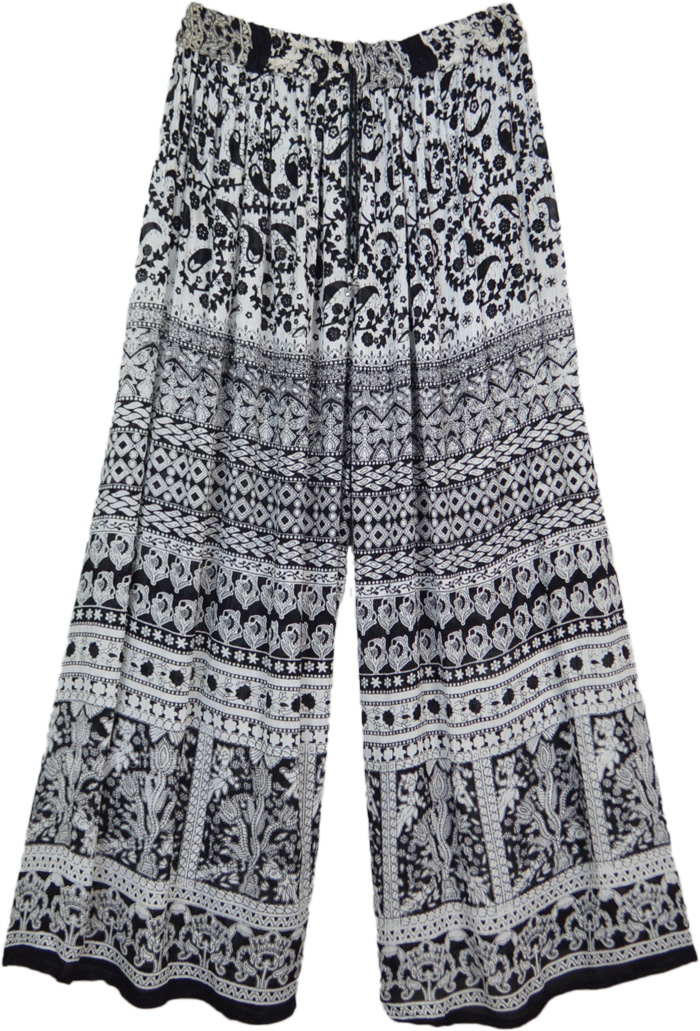 Ethnic Print Black and White Wide Leg Palazzo Pants