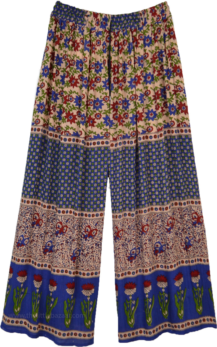 Blue and Beige Floral Print Palazzo Pants, Blue Wide Leg Floral Printed Rayon Lounge Pants
