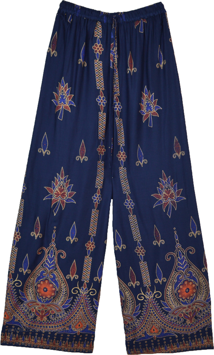 Martinique Blue Straight Pants with Folk Floral Print