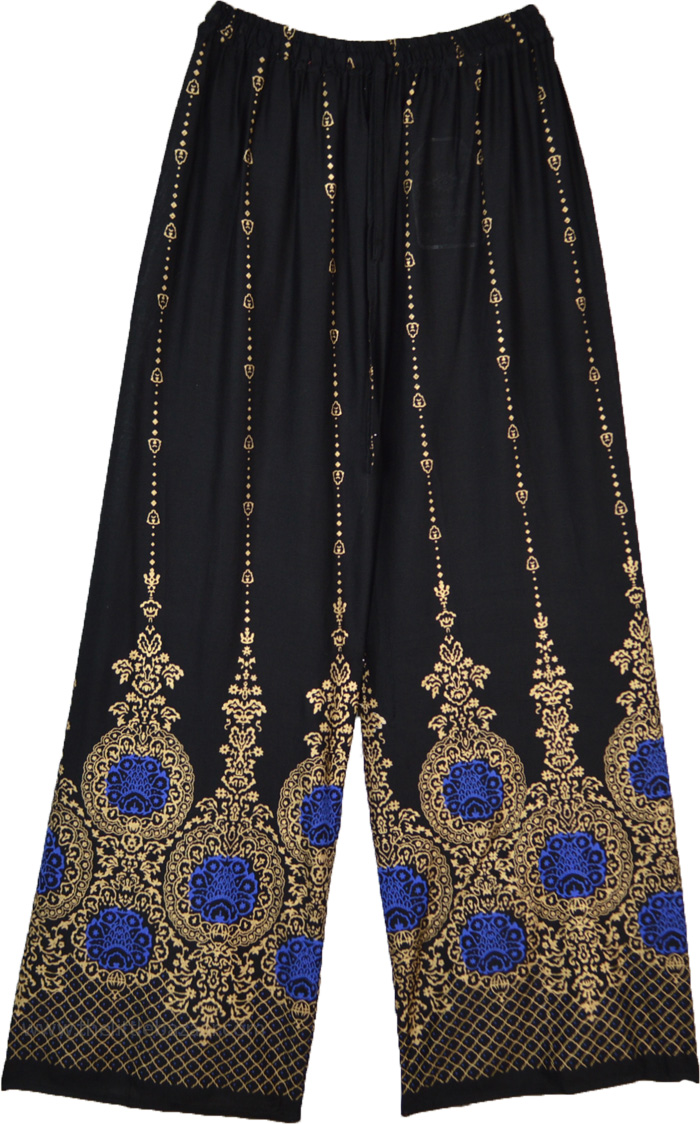 Black and Gold Straight Leg Pants with Elastic Waist, Black Wide Leg Lounge Pants with Golden Print