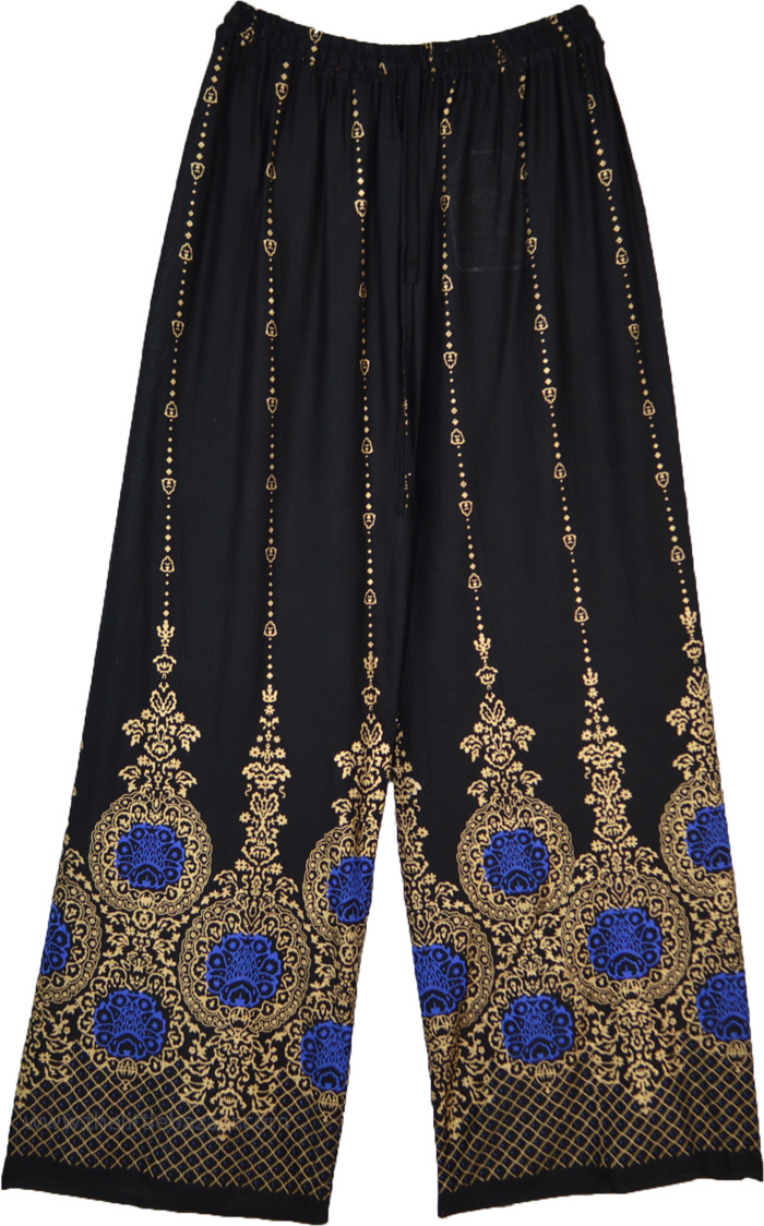 Black Wide Leg Lounge Pants with Golden Print