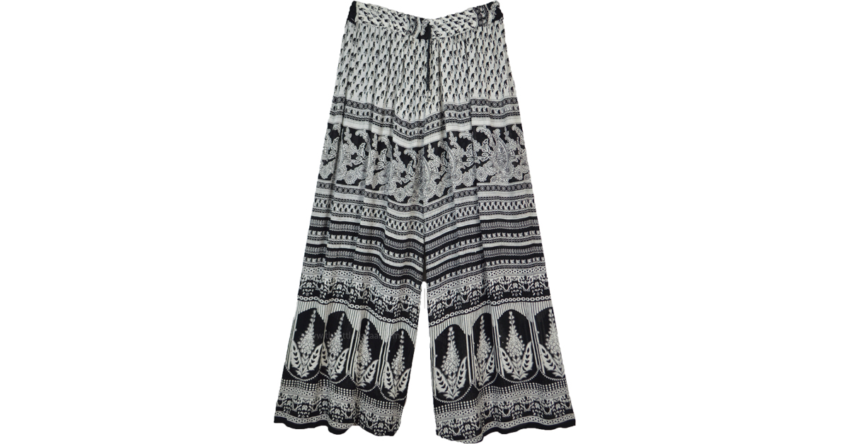 Black and White Paisley Printed Wide Leg Pants | White | Split-Skirts ...