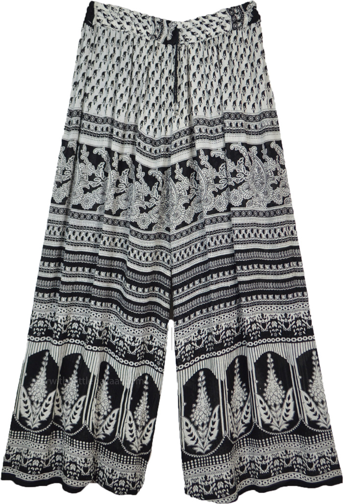 Black and White Paisley Printed Wide Leg Pants