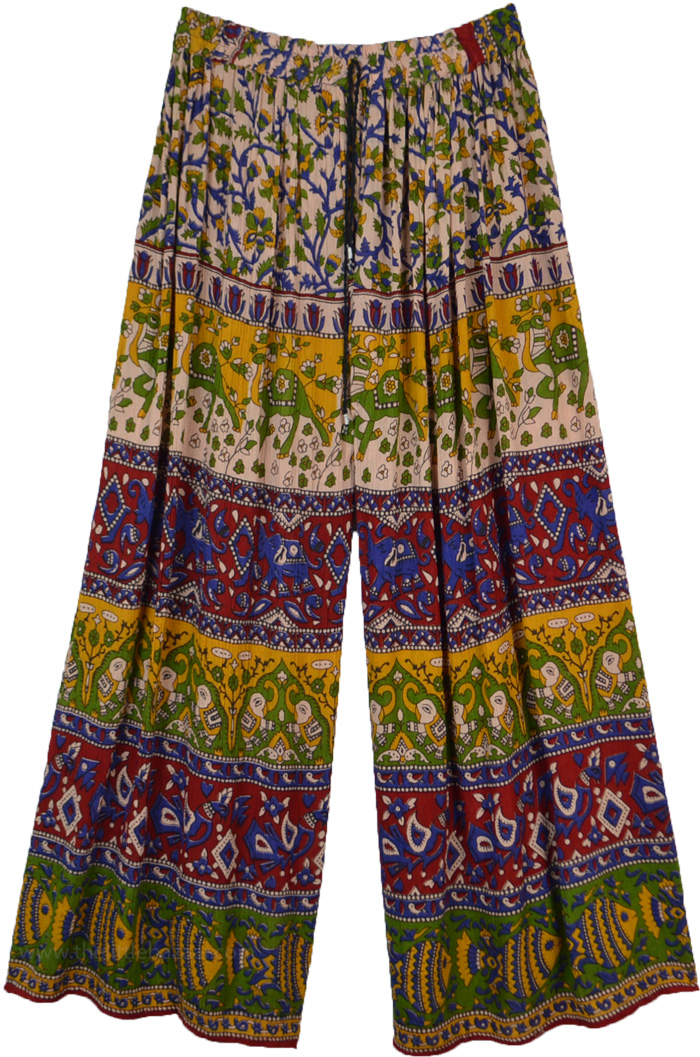 Red and Green Wide Leg Boho Pants, Ibiza Summer Palazzo Pants with Floral Print