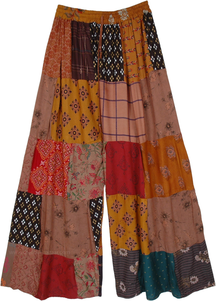 Spice Hippie Patchwork Wide Leg Pants in Mixed Prints | Brown | Split ...