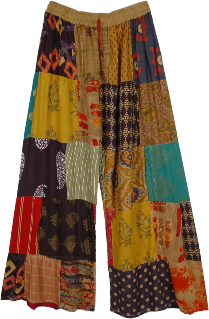 Warm Brown Hues Patchwork Wide Leg Hippie Pants