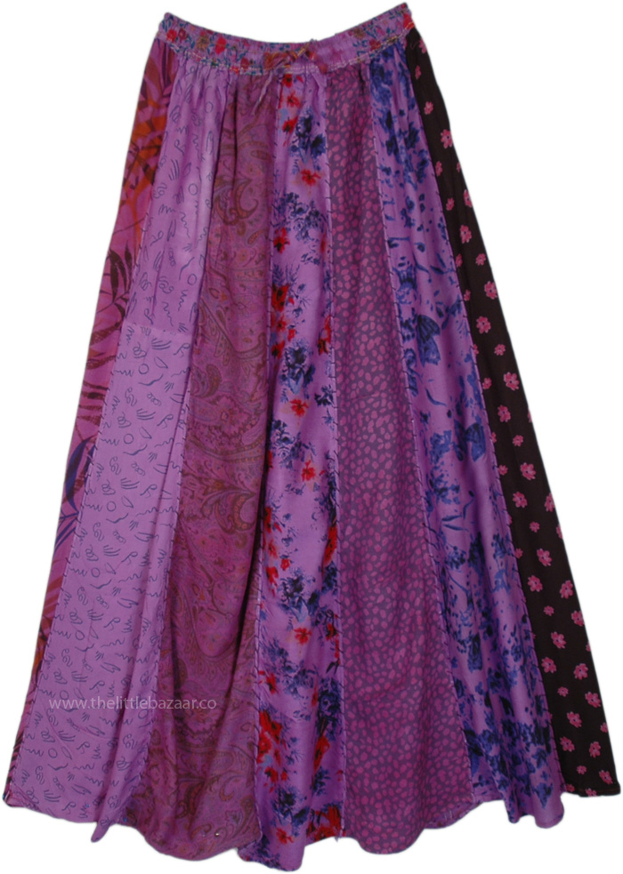 Unique Rayon Long Skirt with Patchwork Patterns , Midnight Magic Dori Patchwork Purple Long Skirt