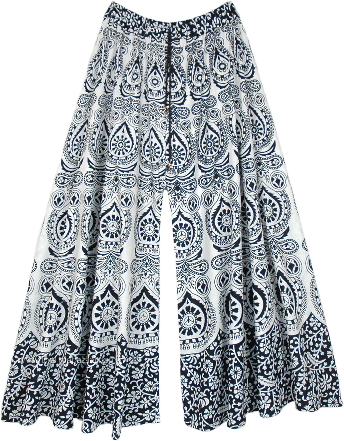 Black White Wide Leg Flared Cotton Pants with Ethnic Print