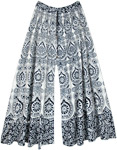 Black White Wide Leg Flared Cotton Pants with Ethnic Print