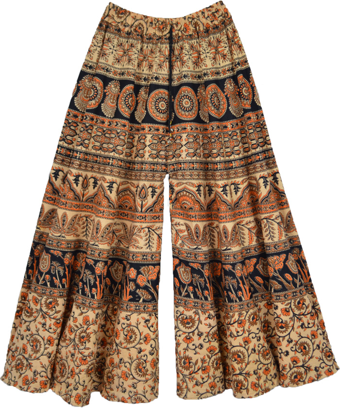 indian Print Wide Leg Palazzo Pants, Beige