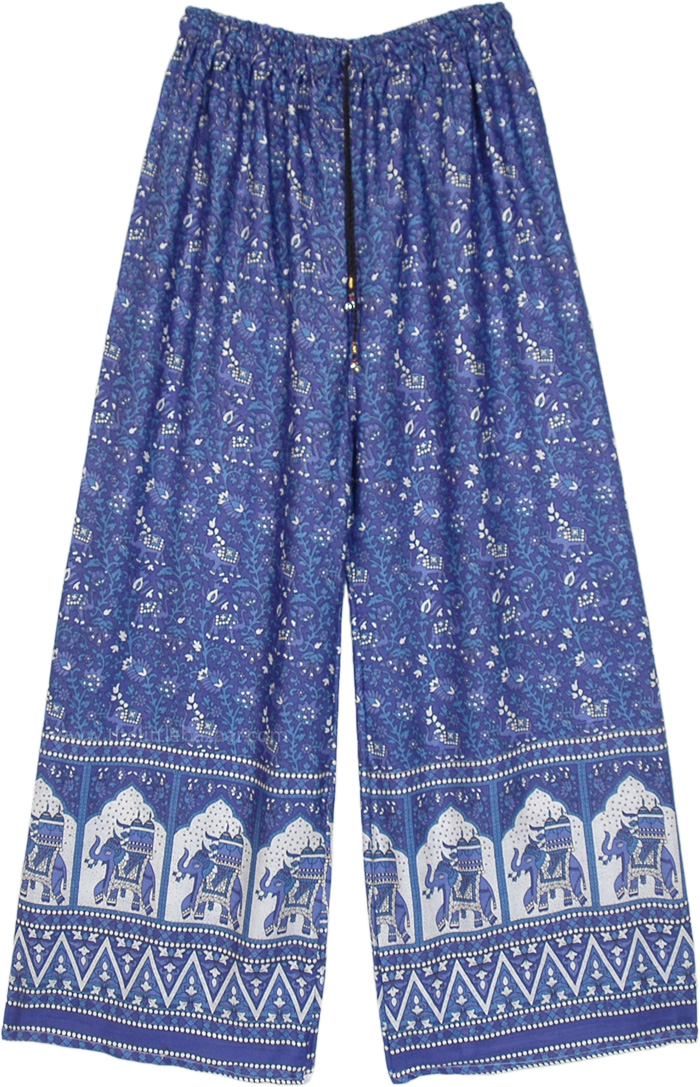Cobalt Blue Wide Leg Bohemian Pants, Cobalt Blue Palazzo Pants with Traditional Elephant Print