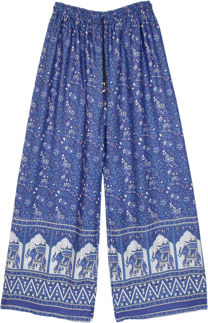 Cobalt Blue Palazzo Pants with Traditional Elephant Print | Blue | Floral,  Printed, Elephant