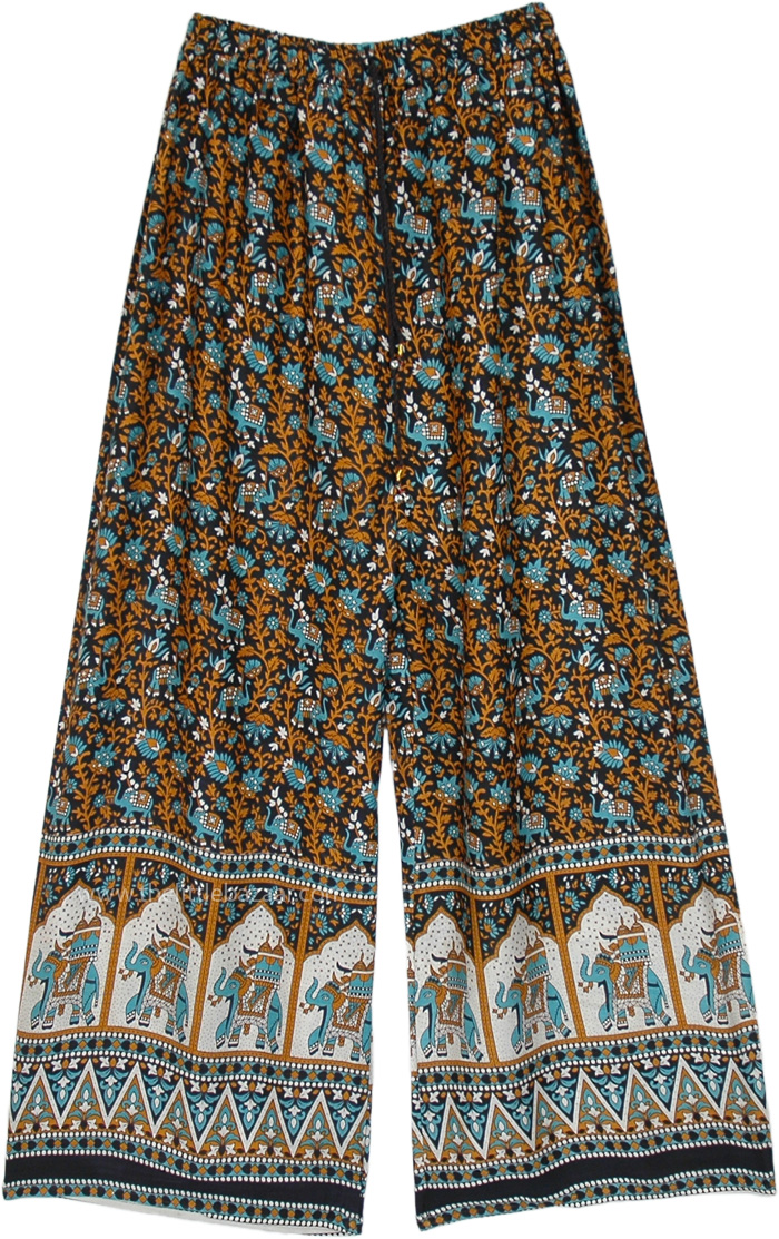 Ethnic Elephant and Floral Printed Wide Leg Palazzo Pants