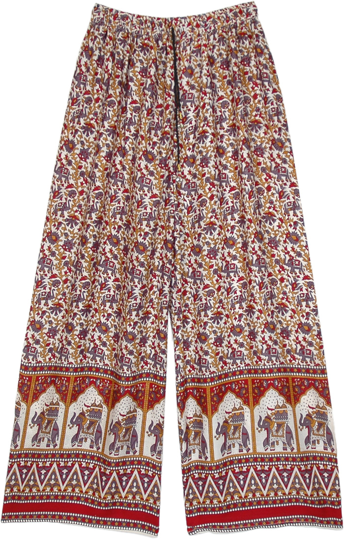 Red and White Floral Print Palazzo Pants, Ethnic Wide Leg Elephant Printed Rayon Lounge Pants