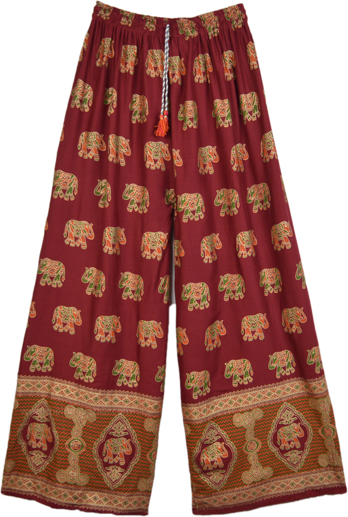 Rosewood Red Straight Pants with Golden Elephant Print | Red | Split-Skirts- Pants, Beach, Elephant, Bohemian