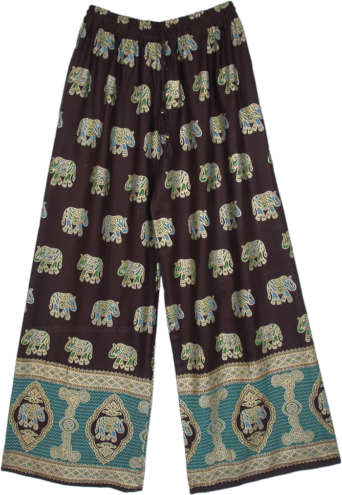 Black and Gold Straight Leg Pants with Elastic Waist, Wide Leg Lounge Pants with Golden Elephant Print