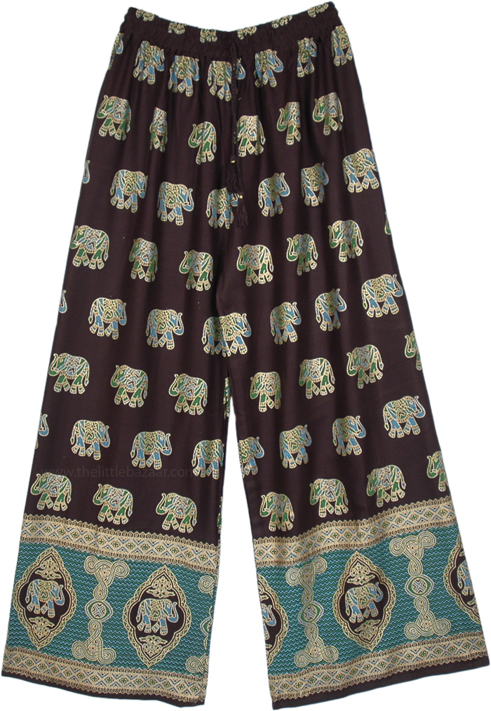 Wide Leg Lounge Pants with Golden Elephant Print