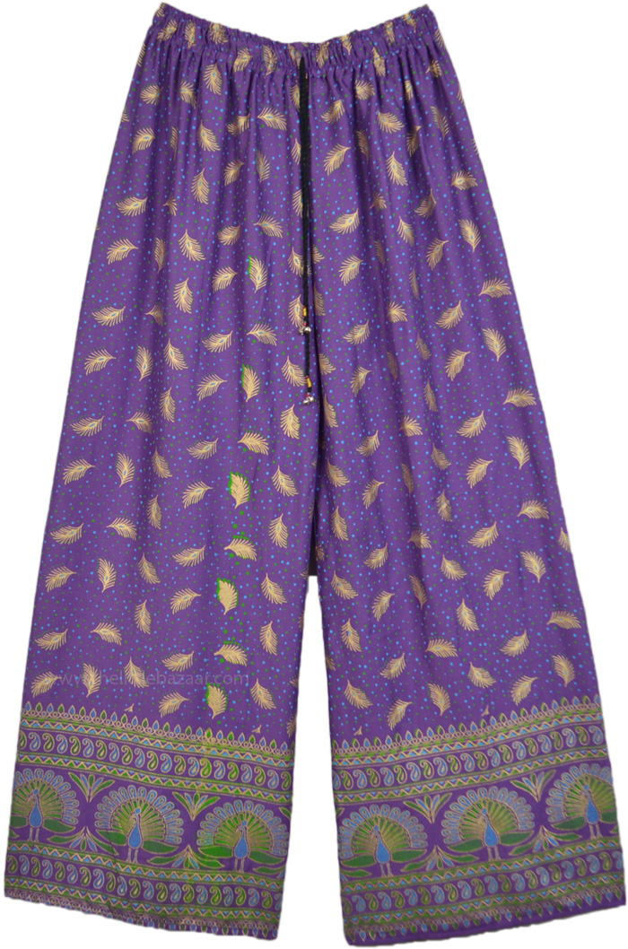 Amethyst Purple Straight Pants with Peacock Feather Print