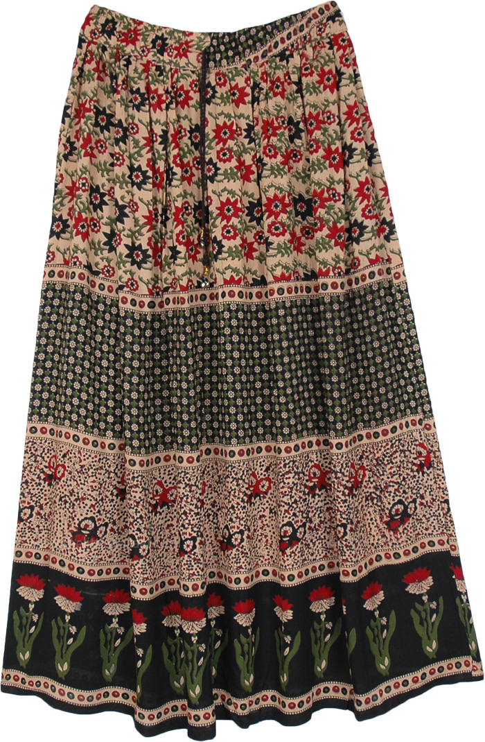 Gypsy Maxi Skirt with Tinkle Bell Drawstring, Flower Motif Boho Rayon Long Skirt