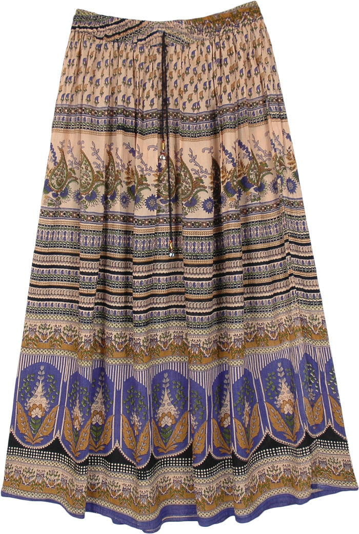 Printed Long Rayon Skirt Blue and Beige, Traditional Flower Motif Maxi Rayon Skirt