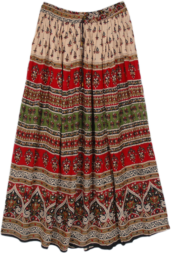 Printed Motifs Beige Red Casual Maxi Skirt, Tribal Patterned Bohemian Maxi Rayon Skirt