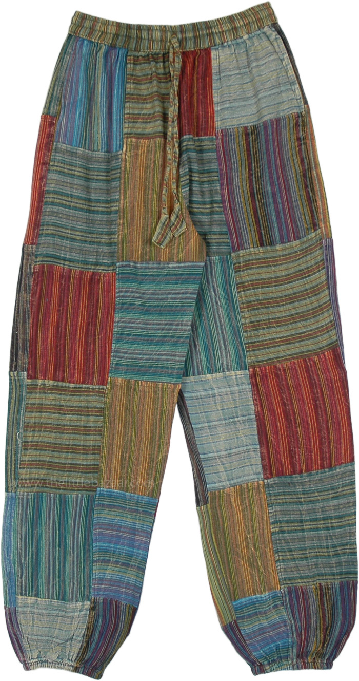 Unisex Yoga Gypsy Harem Pants with Patchwork, Hippie Harem Cotton Pants with Striped Patchwork