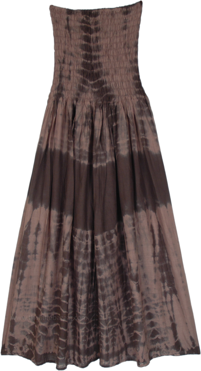 High Waist Cotton Skirt Dress in Brown Tie Dye, Tie Dye Brown Hues Skirt Dress with Smocked Waist