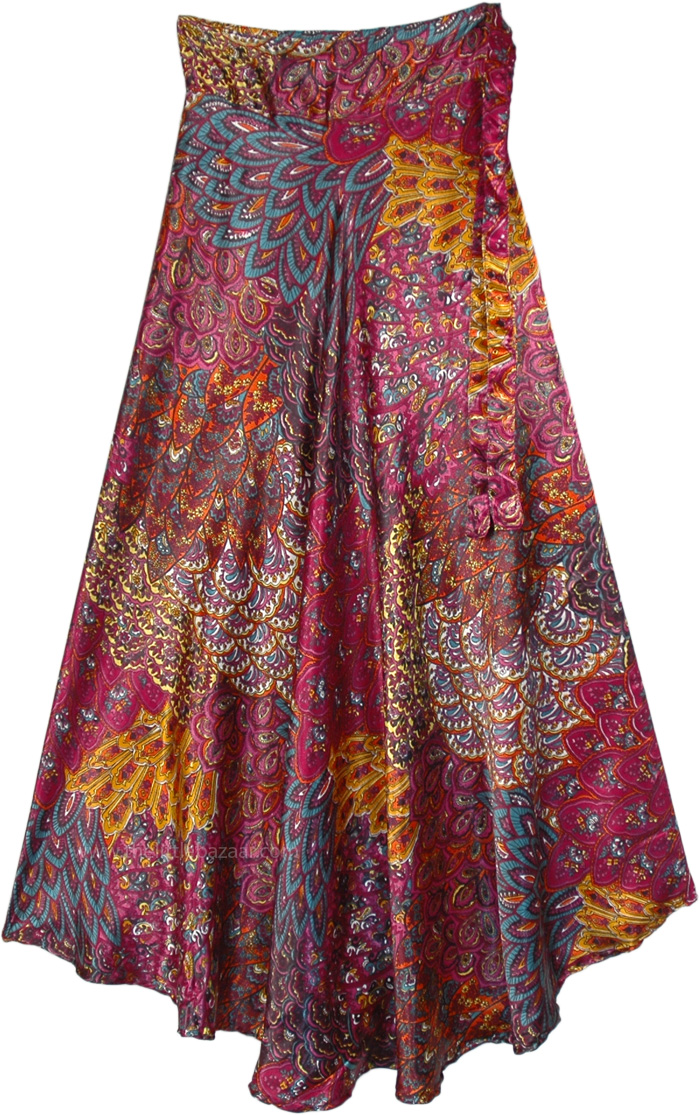 Royal Purple Shiny Floral Long Wrap Skirt