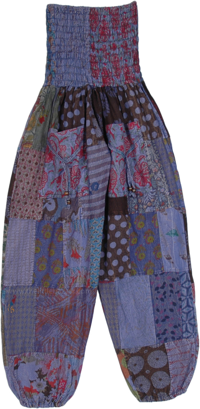 Gypsy Patchwork Cotton Loose Pants with Elastic Ankle, Mixed Patchwork Stonewashed Harem Pants in Dusky Purple