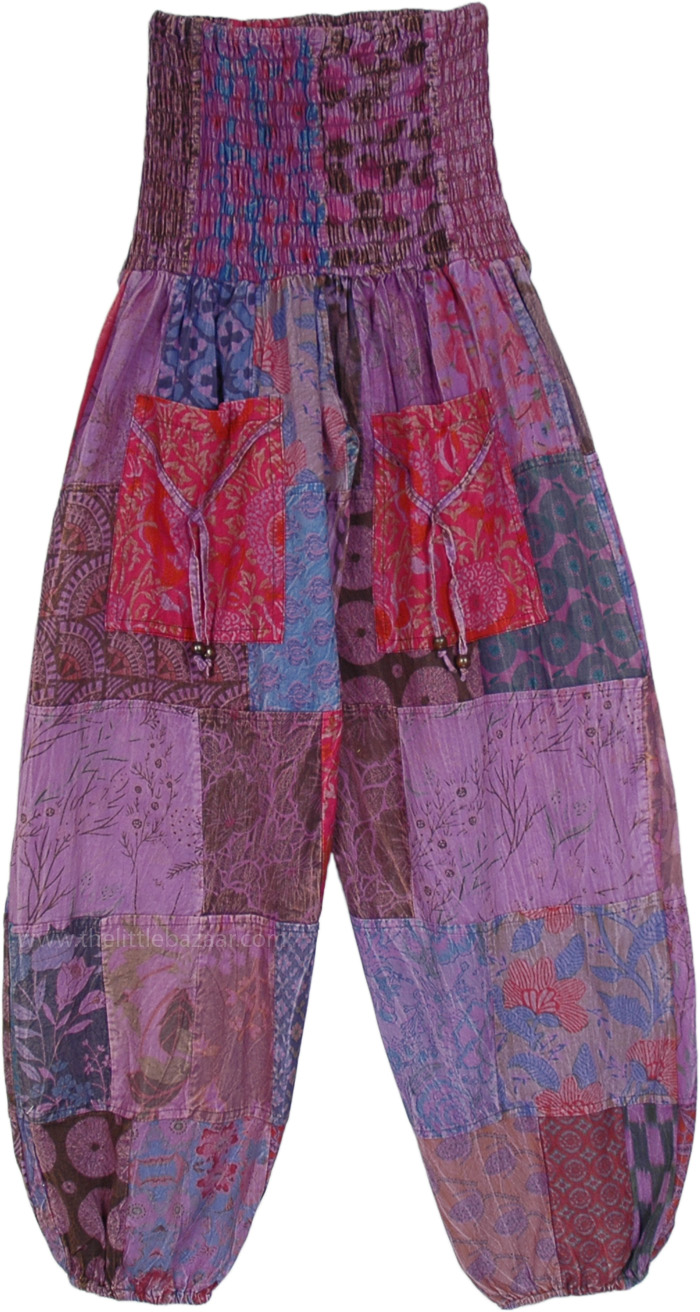 Patchwork Loose Fit Cotton Pants in Shades of Purple, Shady Orchid Mixed Patchwork Cotton Harem Pants