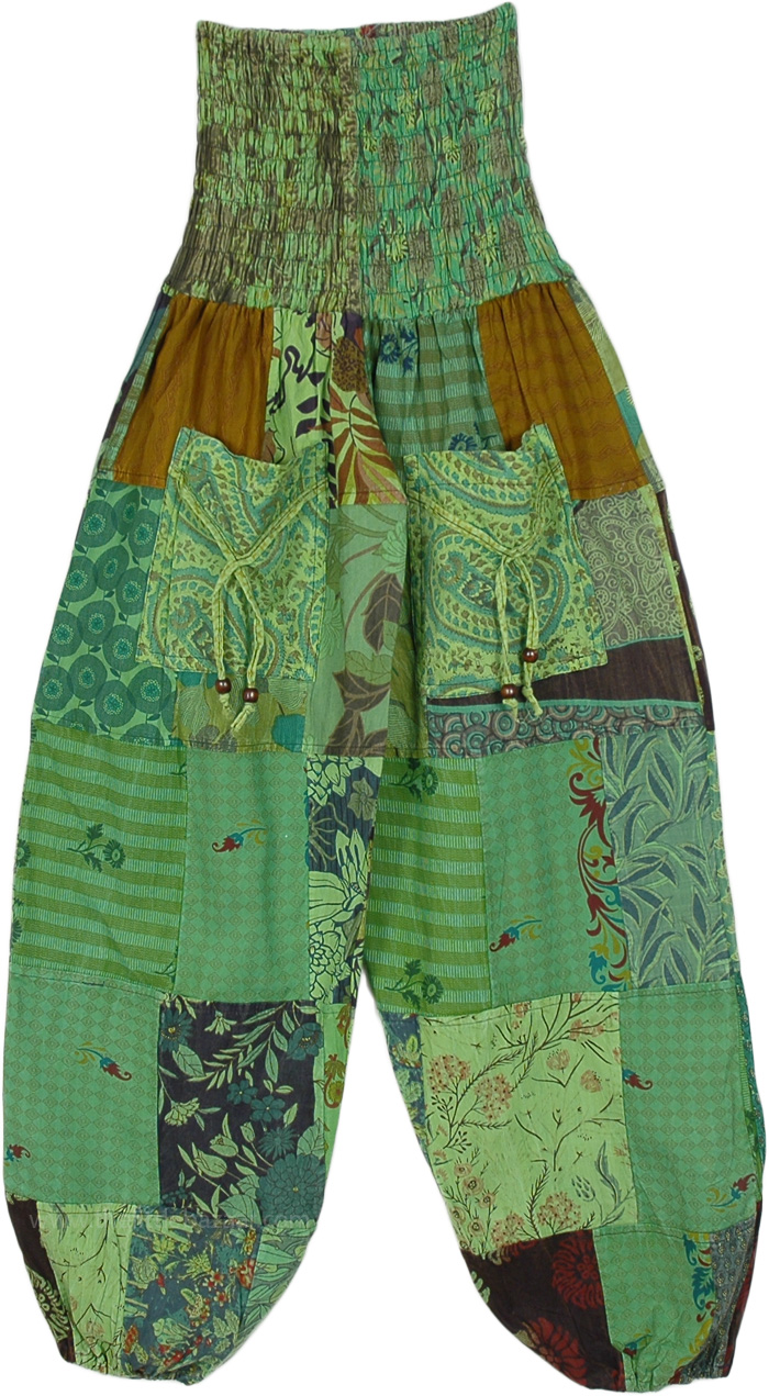 Patchwork Loose Fit Pants in Shades of Green, Forest Of Enchantment Patchwork Harem Pants