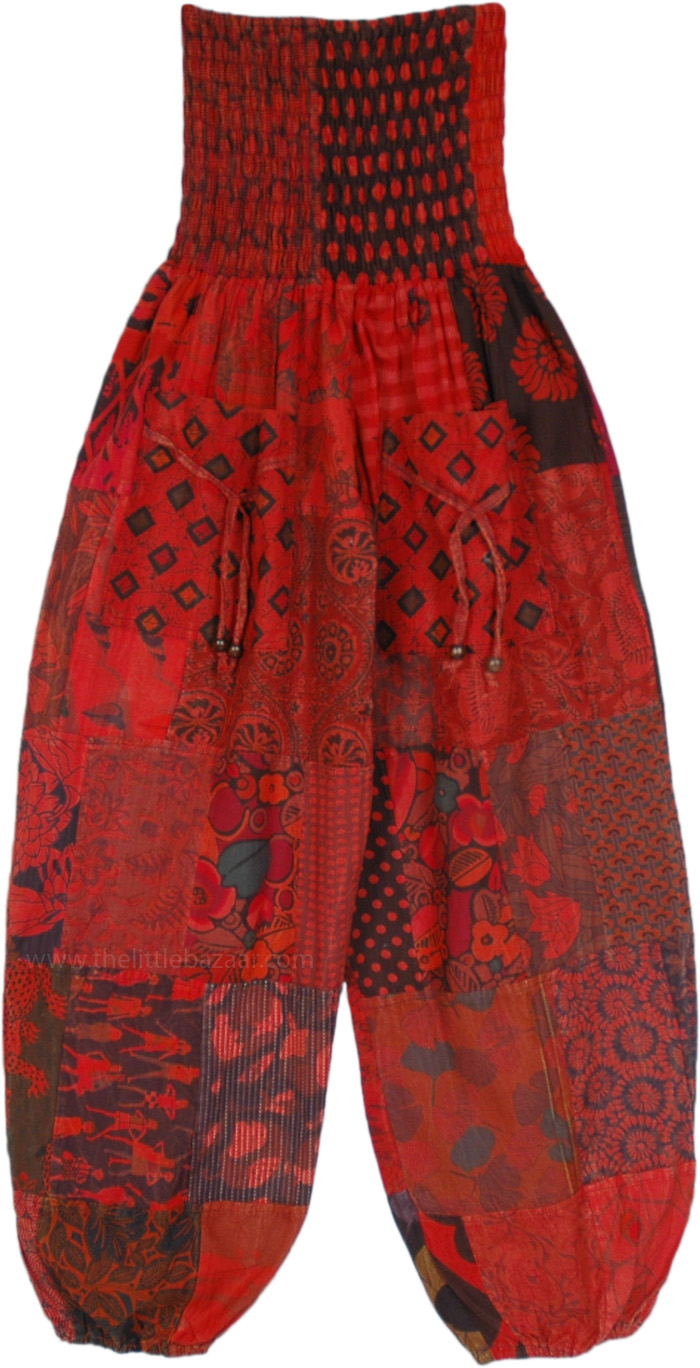 Red Myst Mixed Patchwork Harem Pants with Smocked Waist